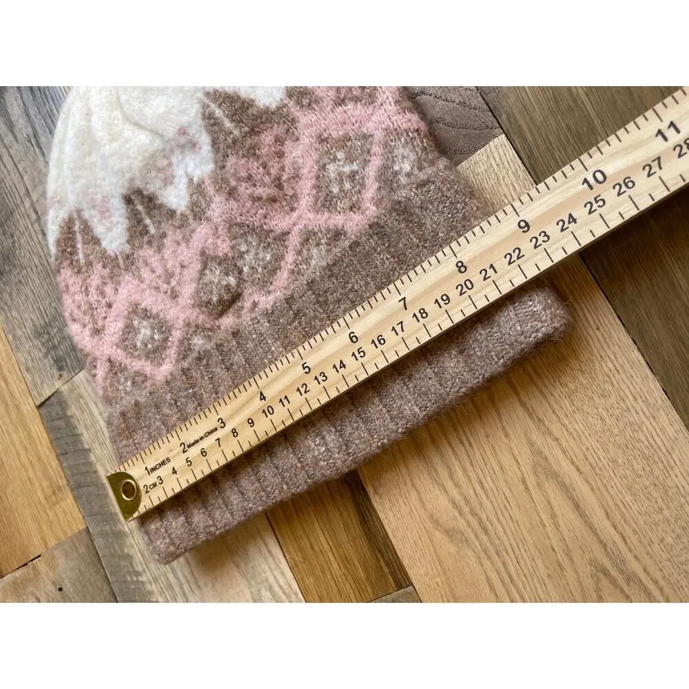 Rachel Zoe Fair Isle Knit Beanie Hat Wool Blend Pink Brown Fuzzy Soft